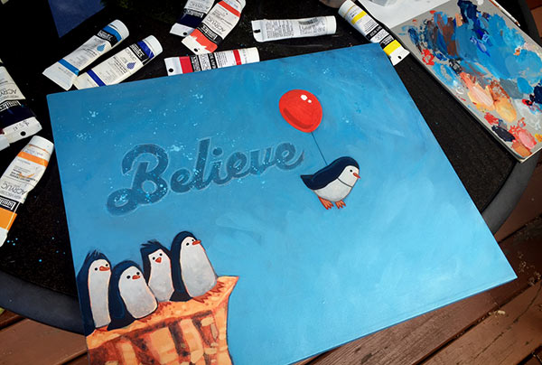 Shot of a nearly completed painting I started on the official launch day of "Penguins Can't Fly."